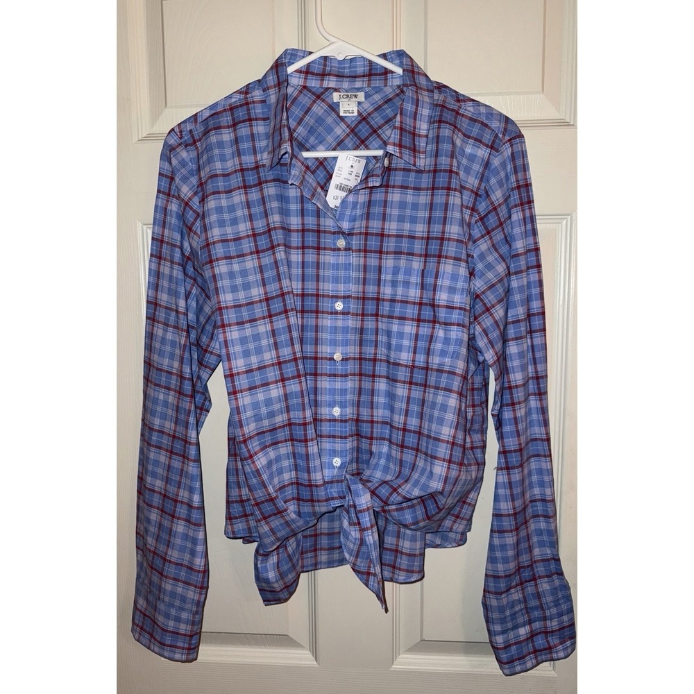 I Crew Long Sleeve Plaid Button Down Shirt , Tied Front‎ Women's L NWT